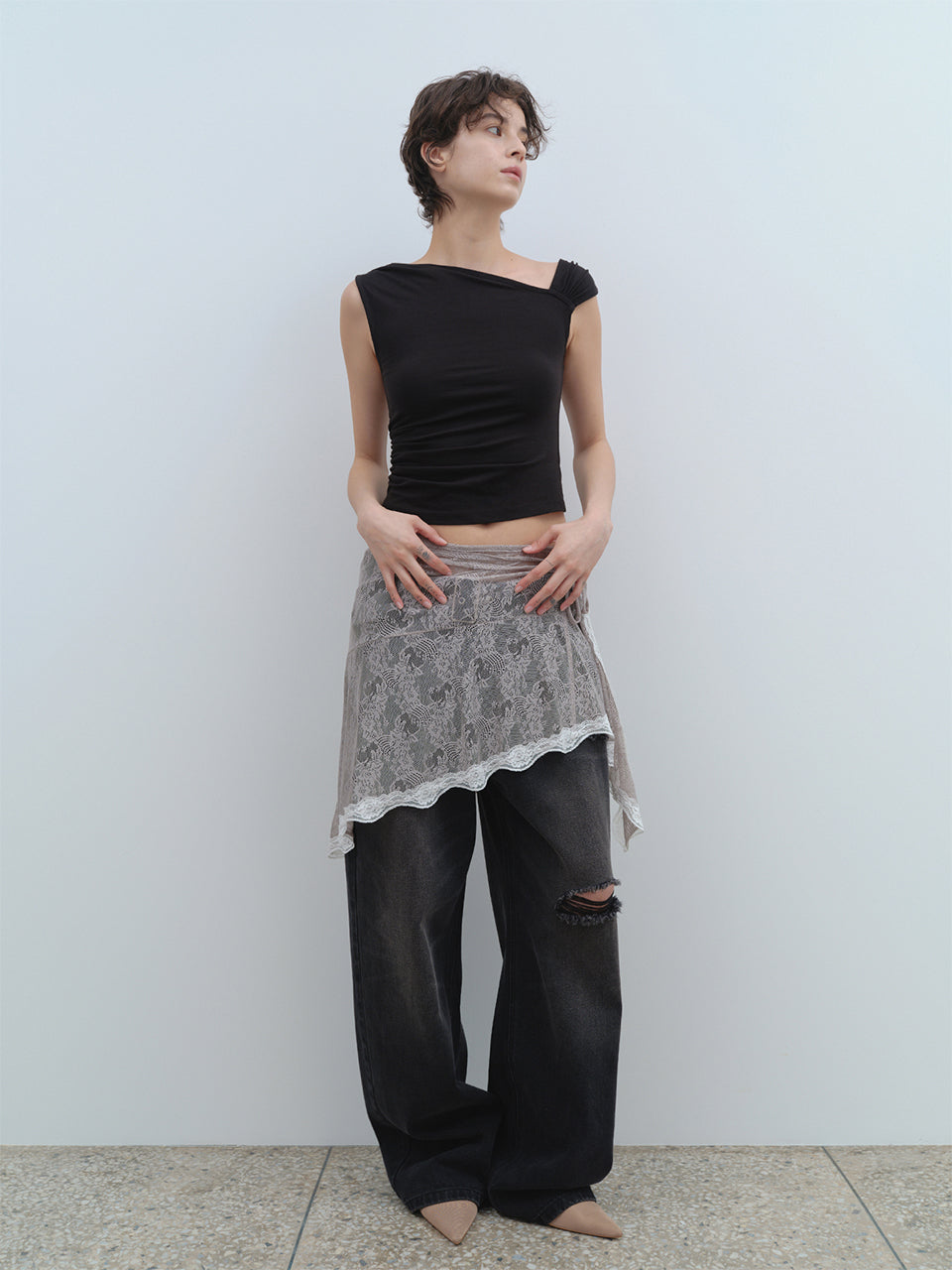 Lace Triming Wrap Skirt [Light Gray]