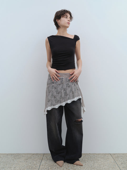 Lace Triming Wrap Skirt [Light Gray]