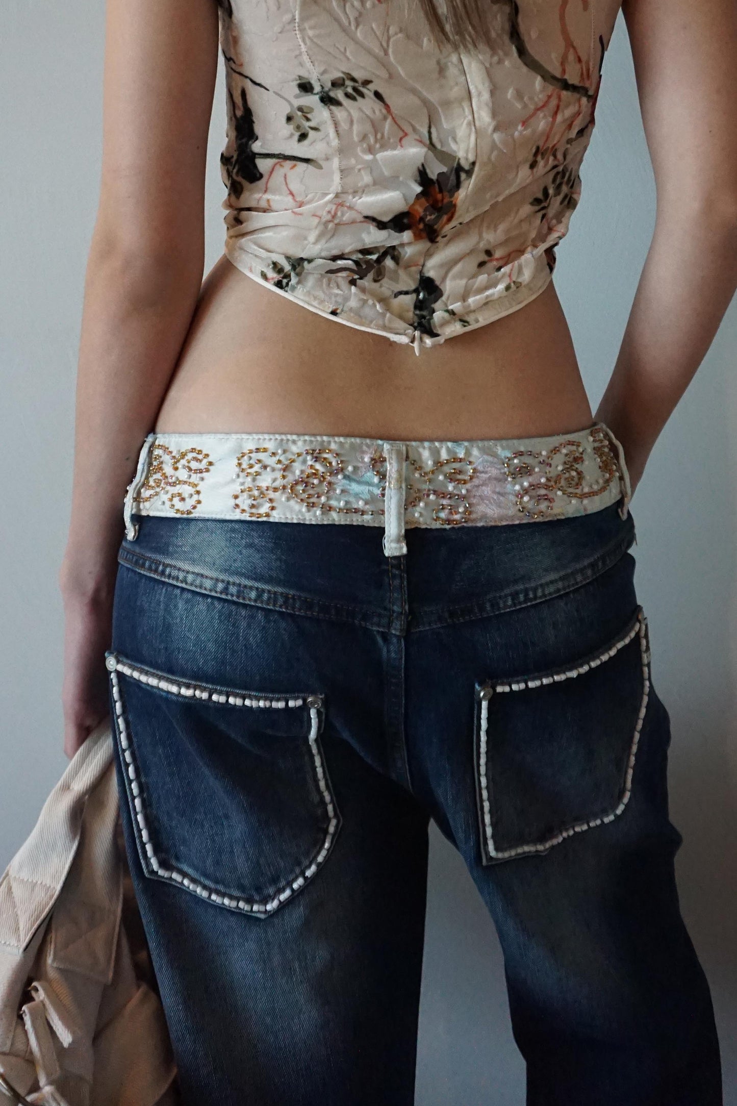 Beaded Waist Denim Pants / Indigo Blue