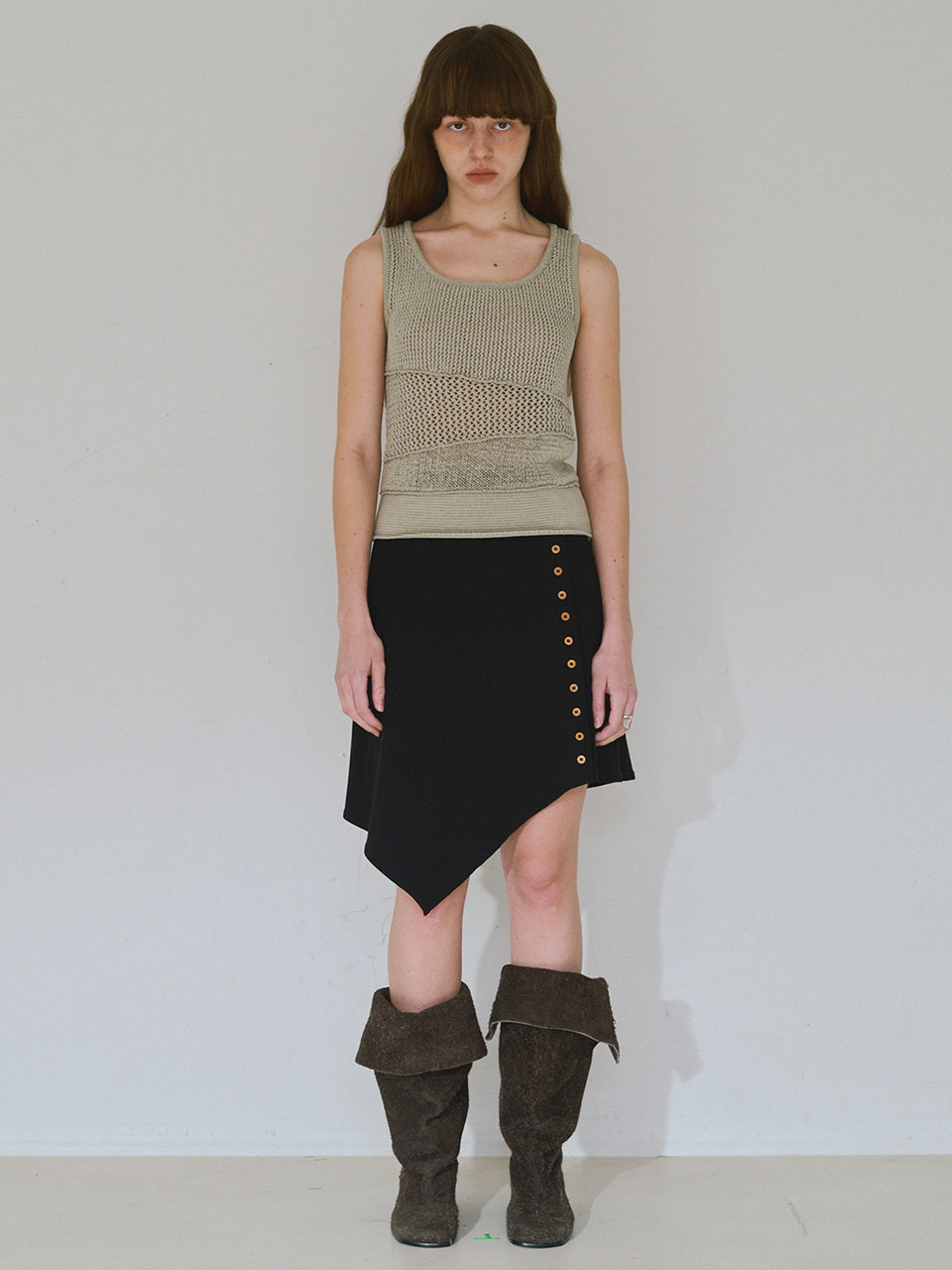 Ribbed Button Mini Skirt [Black]