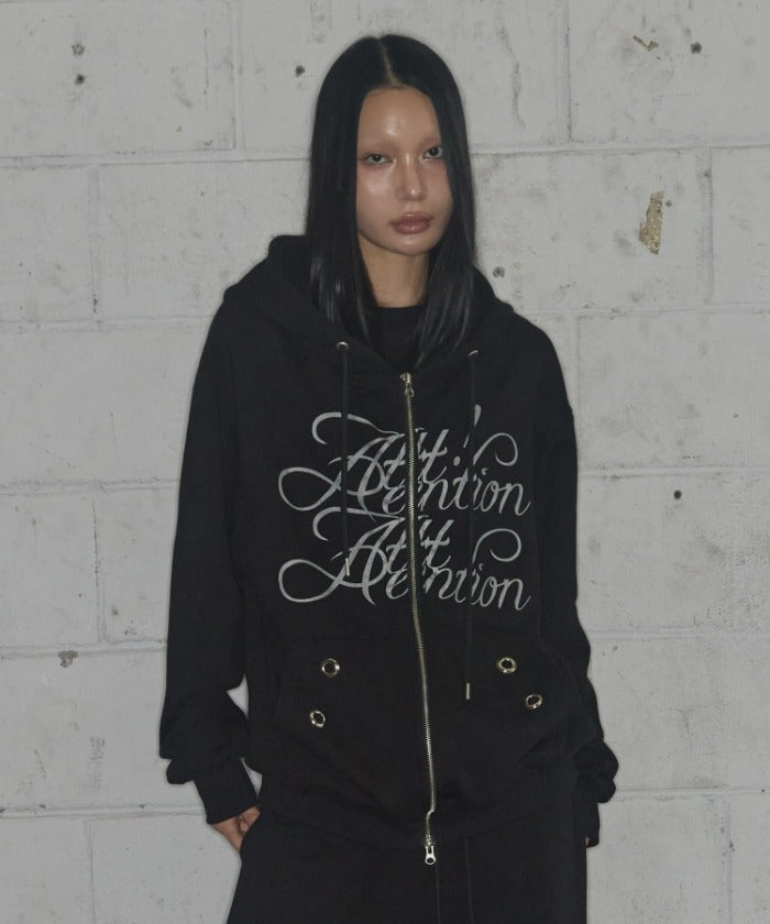 ATTENTION EYELET HOODED ZIP-UP (BLACK) F25ZA010