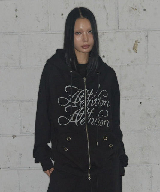 ATTENTION EYELET HOODED ZIP-UP (BLACK) F25ZA010