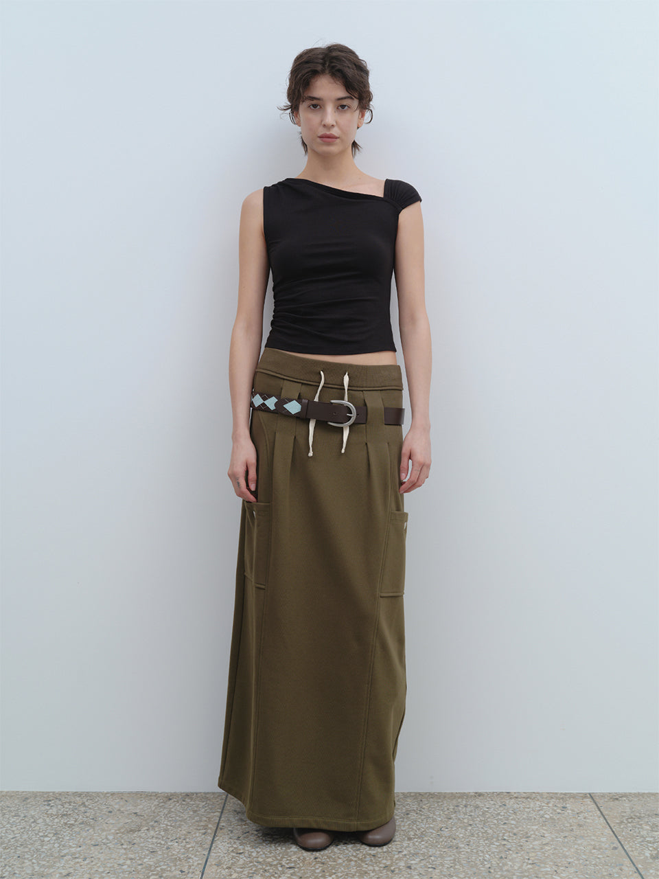 Belt Hole Maxi Skirt [Khaki]