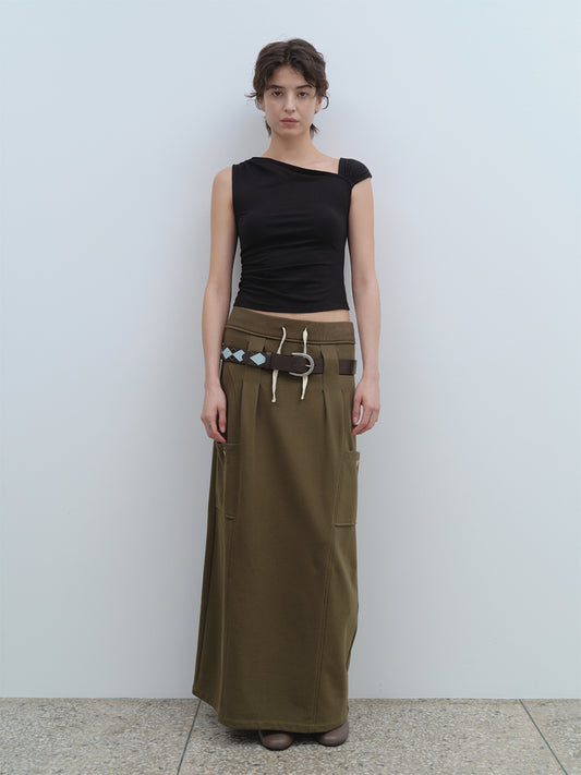Belt Hole Maxi Skirt [Khaki]