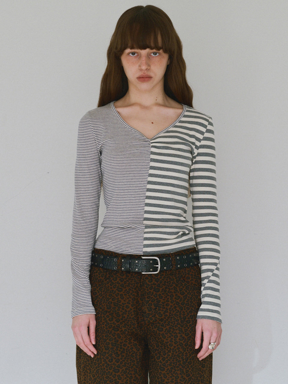 Mixed Pattern T-shirts [Stripe Gray]