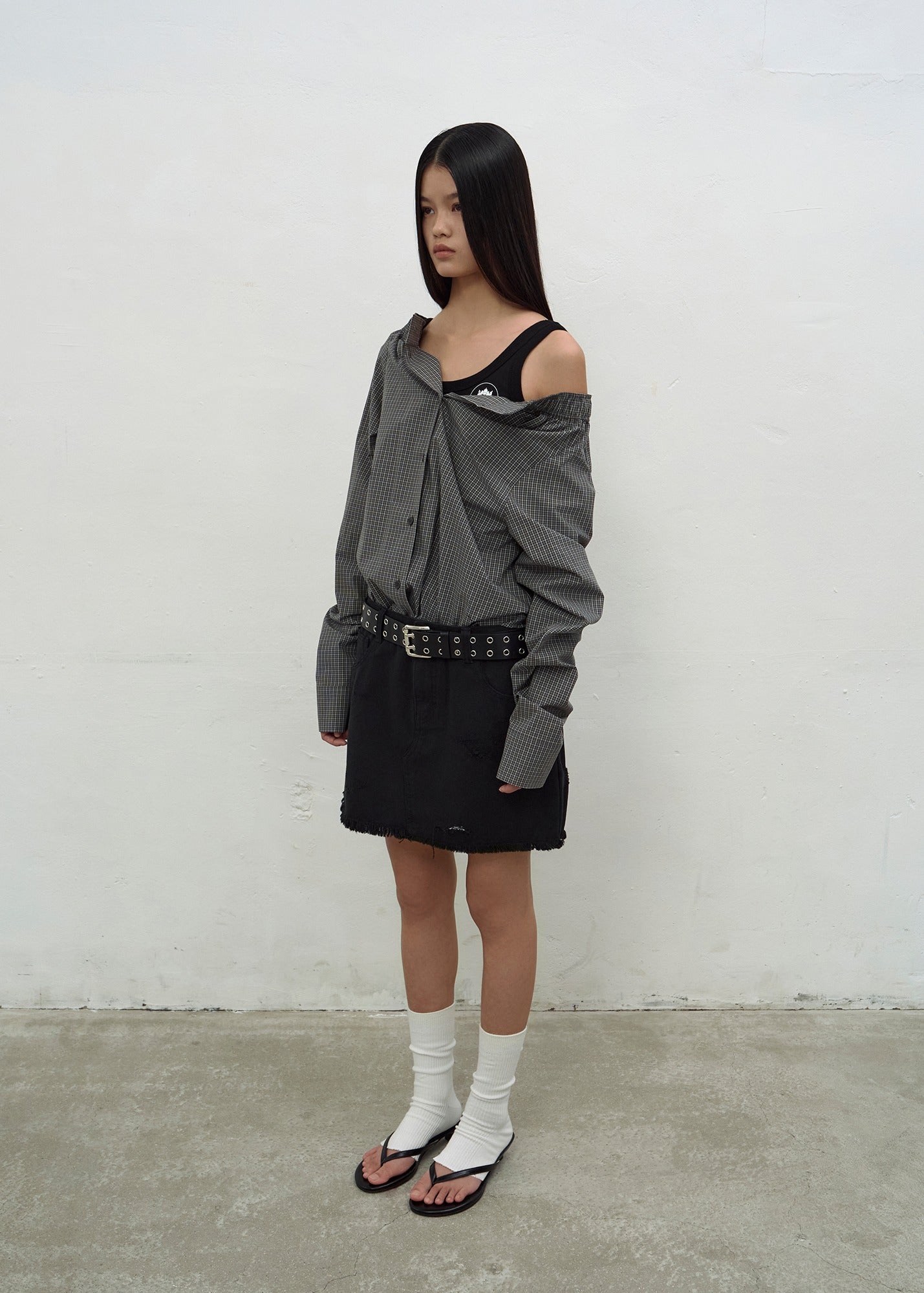 DOUBLE WAISTED DENIM MINI SKIRT (BLACK)
