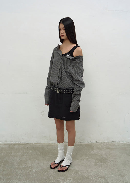 DOUBLE WAISTED DENIM MINI SKIRT (BLACK)
