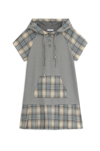 Check pleats hooded dress (Mint gray)
