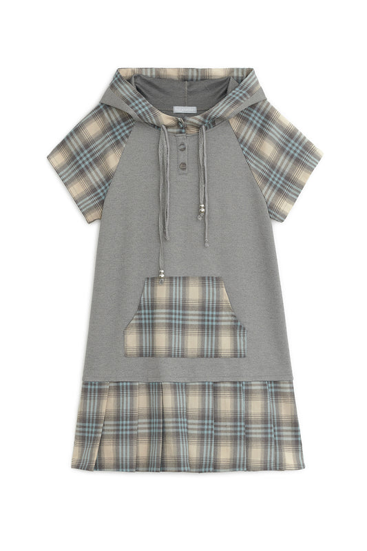 Check pleats hooded dress (Mint gray)