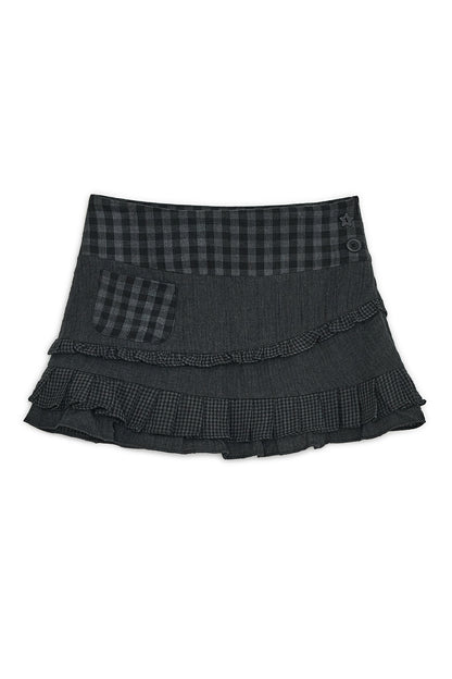 Check ruffle mini skirt (Black)