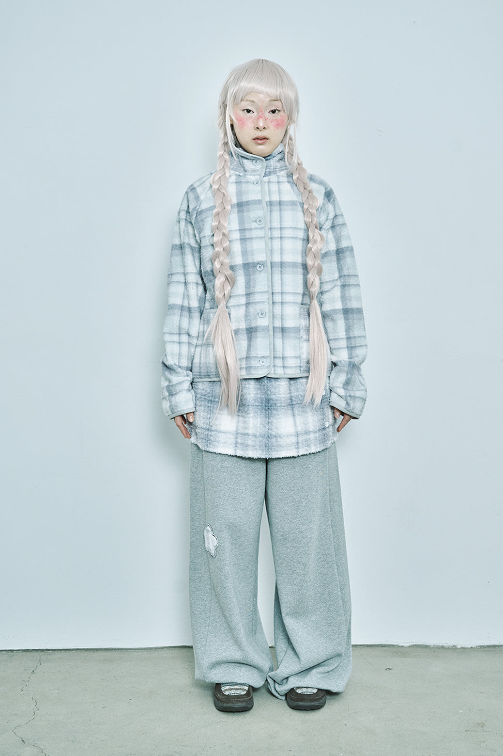 Round collar check fleece jacket (Mint gray)