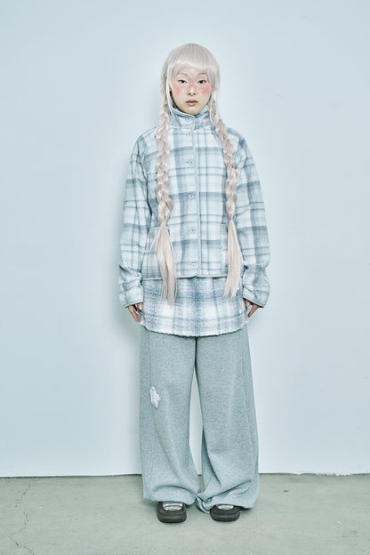 Round collar check fleece jacket (Mint gray)