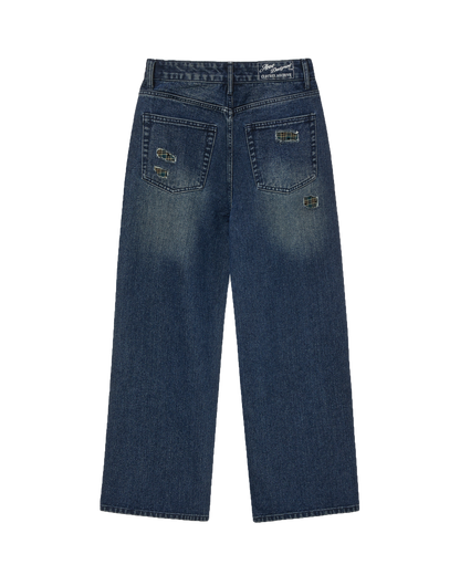 CHECK PATCHWORK DENIM PANTS [ASH BLUE]