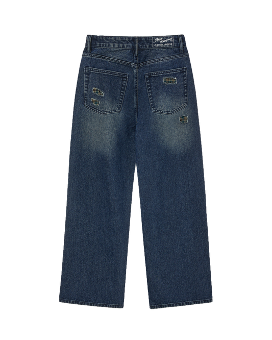 CHECK PATCHWORK DENIM PANTS [ASH BLUE]
