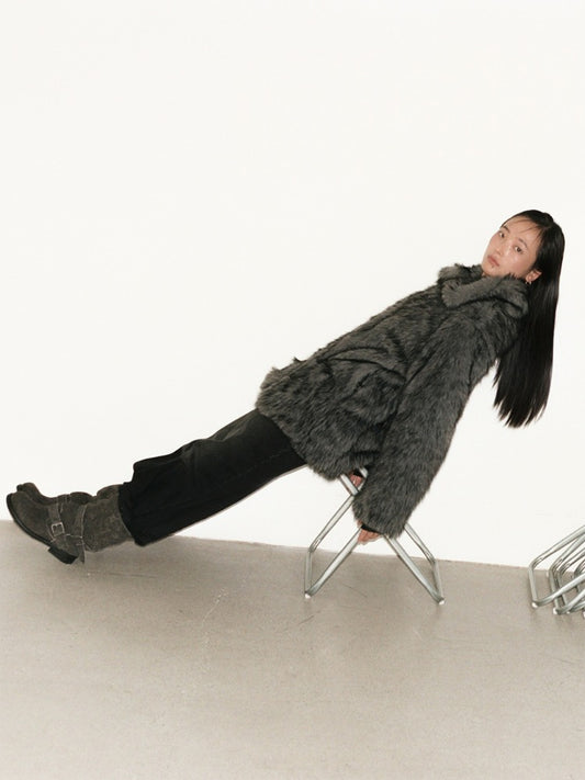 Buckle Long Hair Fur Jacket [Charcoal]