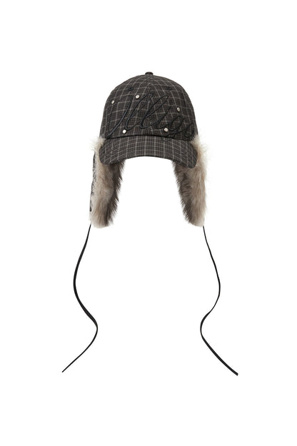 Fluffy Earflap Cap Checked Green