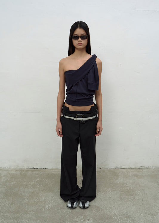 PLEATS DETAIL FLARED TROUSERS (BLACK)