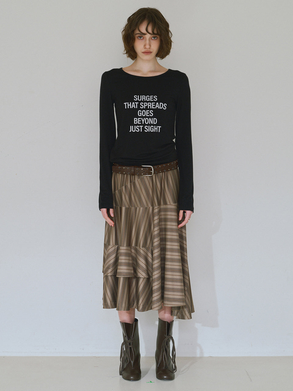 Asymmetric Striped Midi Skirt [Khaki Brown]