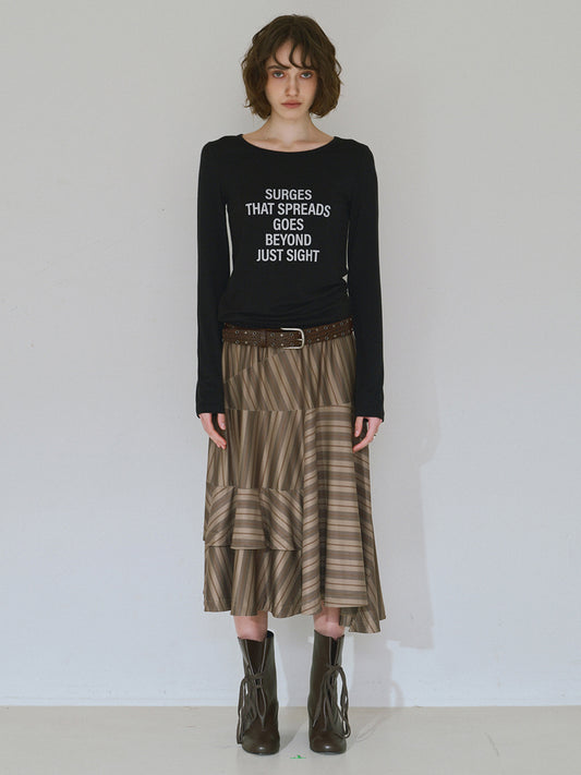 Asymmetric Striped Midi Skirt [Khaki Brown]