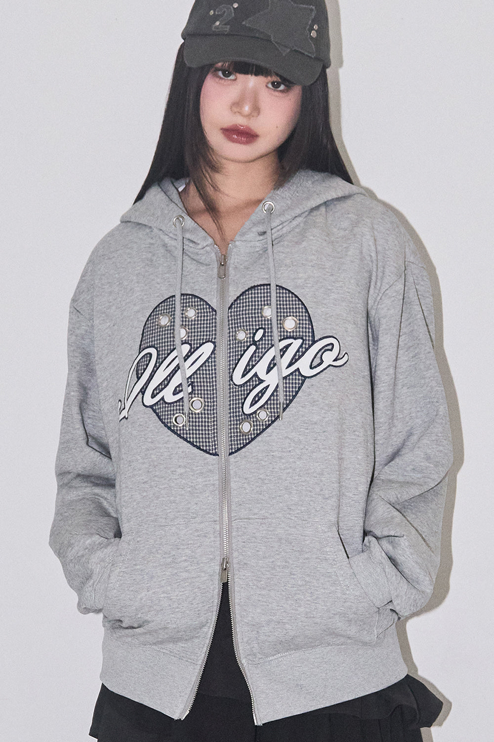 Check heart eyelet hooded zip-up Melange