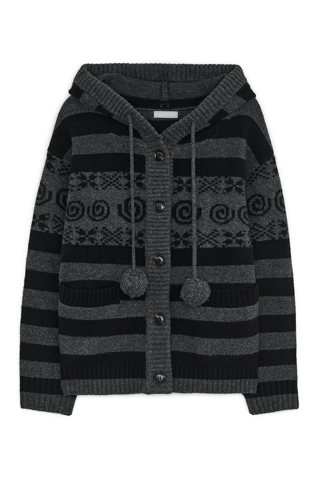 Angel wing hooded pom-pom cardigan (Charcoal)