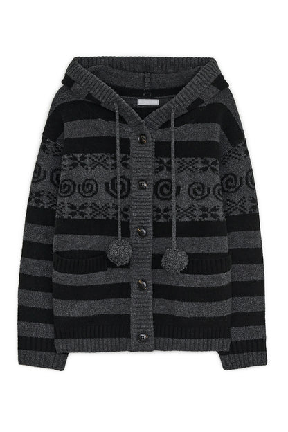 Angel wing hooded pom-pom cardigan (Charcoal)