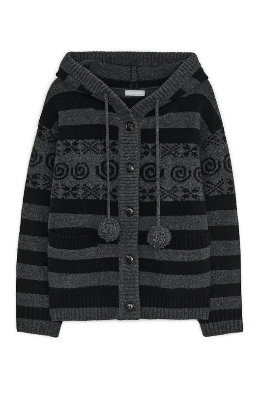 Angel wing hooded pom-pom cardigan (Charcoal)
