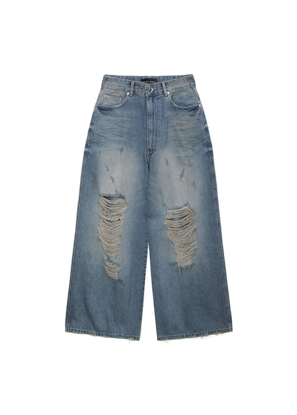 DISTRESSED WIDE-LEG DENIM (BLUE)