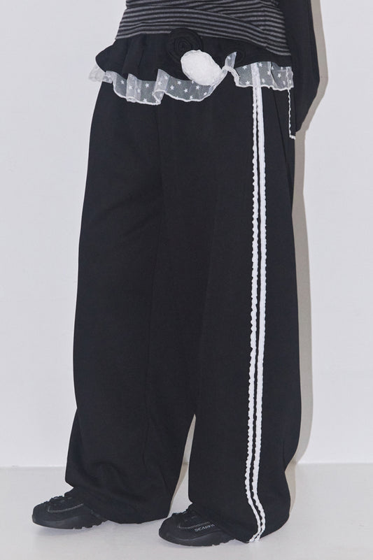 Bloom Ruffled Lace Sweat Pants Black