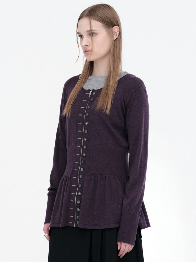 Fake Button Zip-Up Cardigan [Purple]