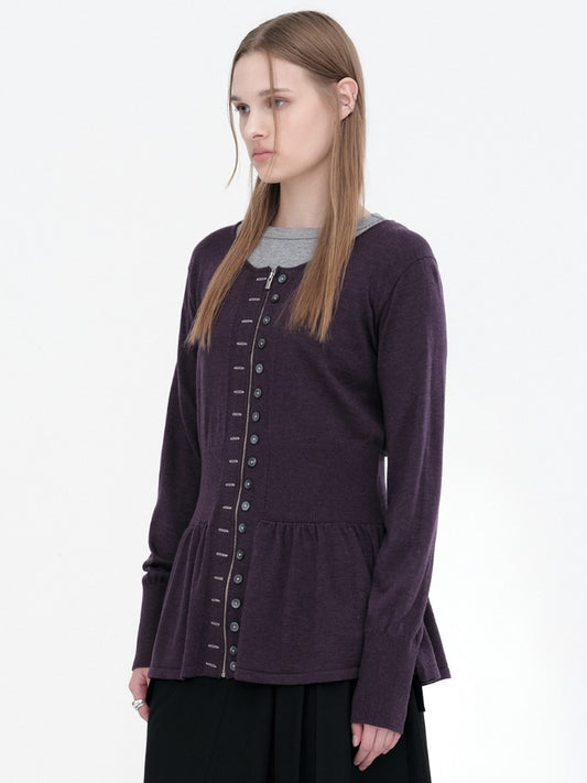 Fake Button Zip-Up Cardigan [Purple]