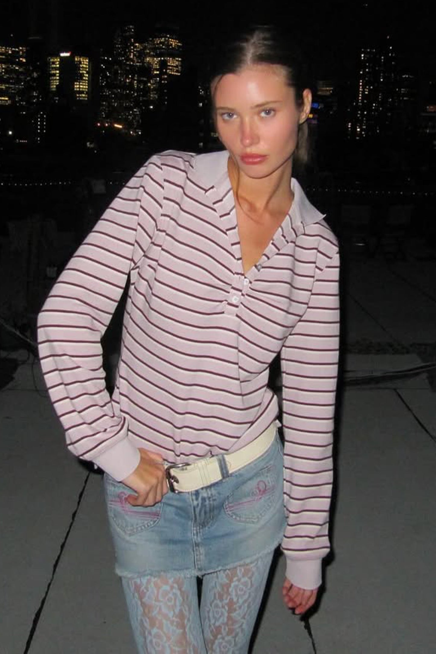 Shirring Tennis Shirt Lavender Stripe