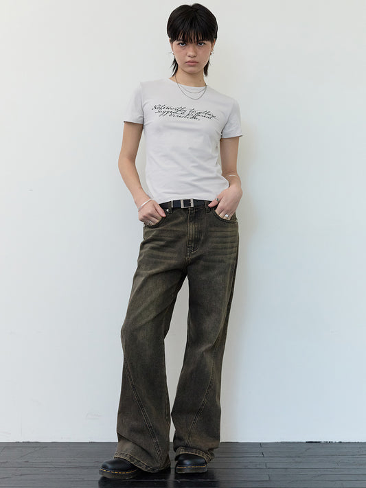 Curved Flare Jeans [Washed Brown]