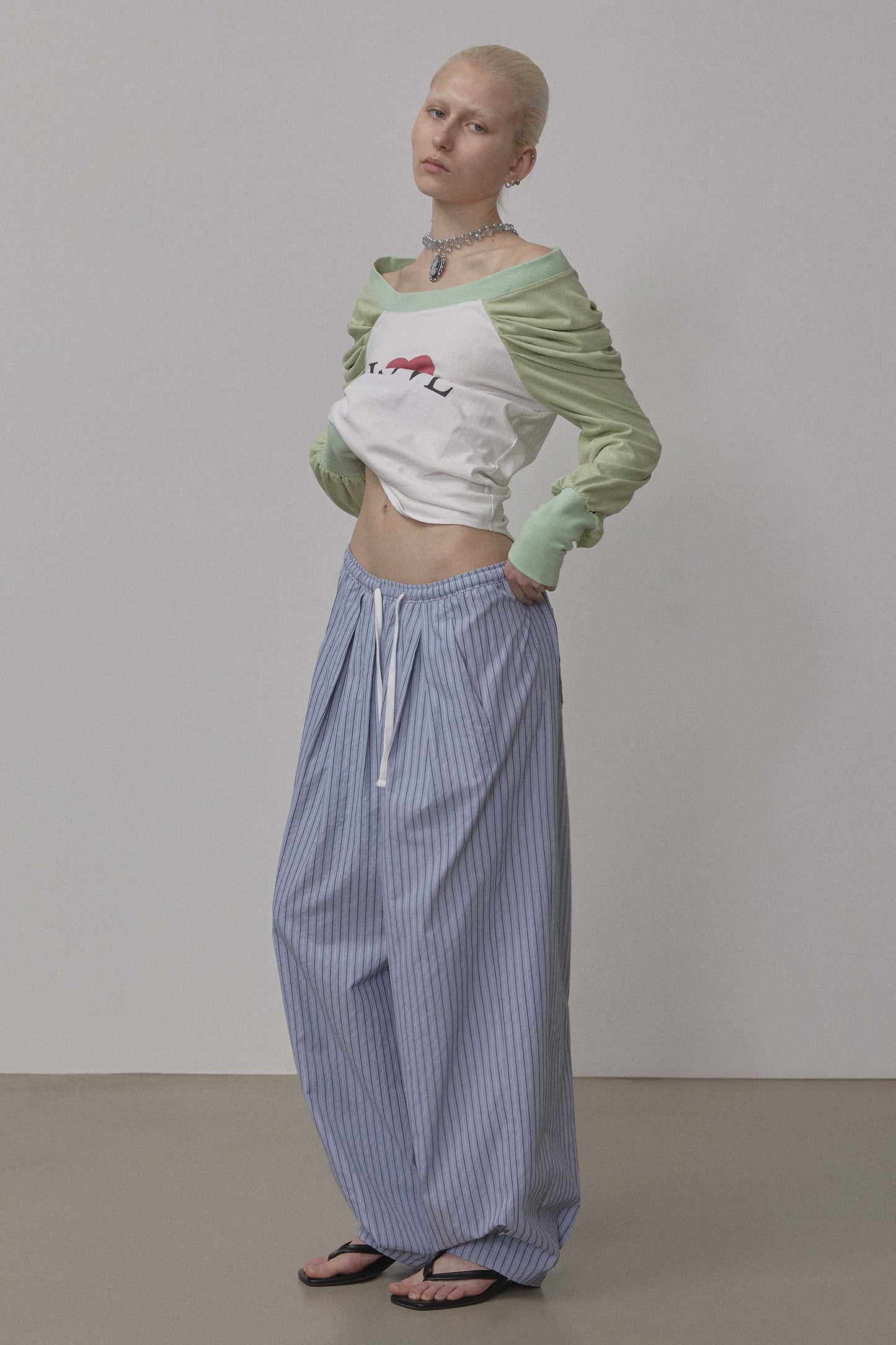 Bed To Go Pintuck Pants Blue Stripe