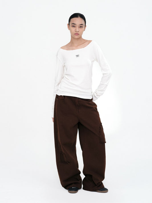 Cut Out Patch Wide Jeans [Washed Brown]
