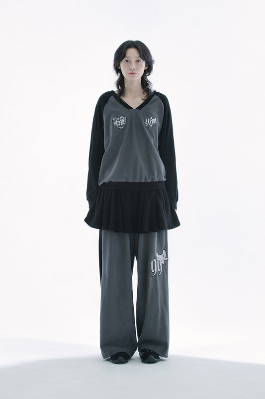 Patch skirt layered jogger pants (Charcoal)