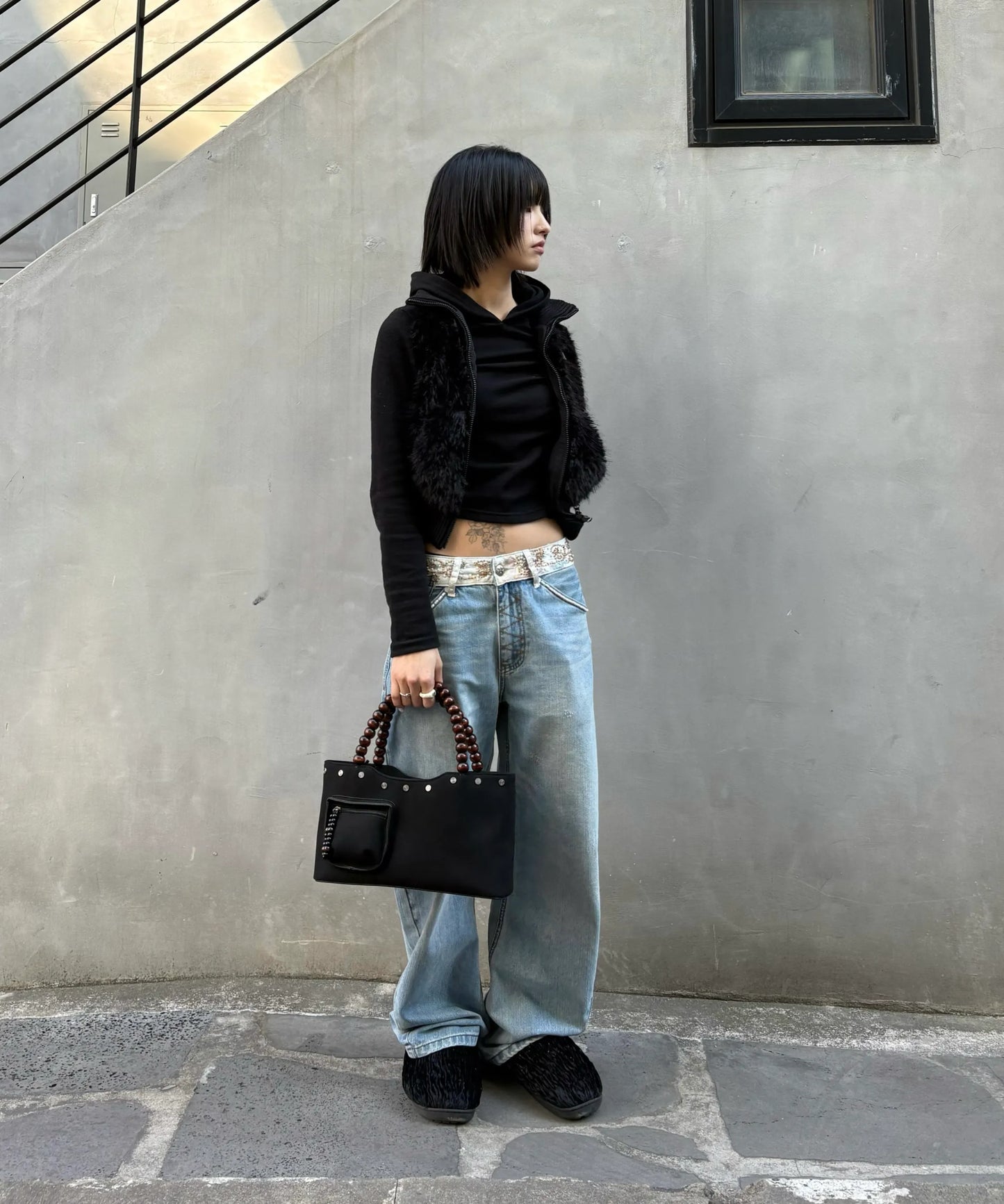 Beaded Waist Denim Pants / Mid Blue