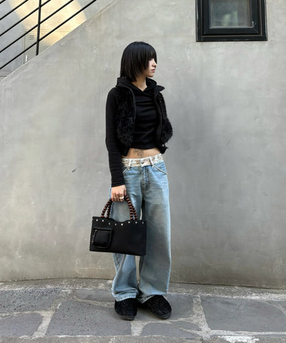 Beaded Waist Denim Pants / Mid Blue