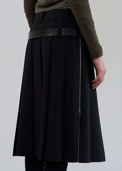 SIDE ZIPS PLEATED MIDI SKIRT