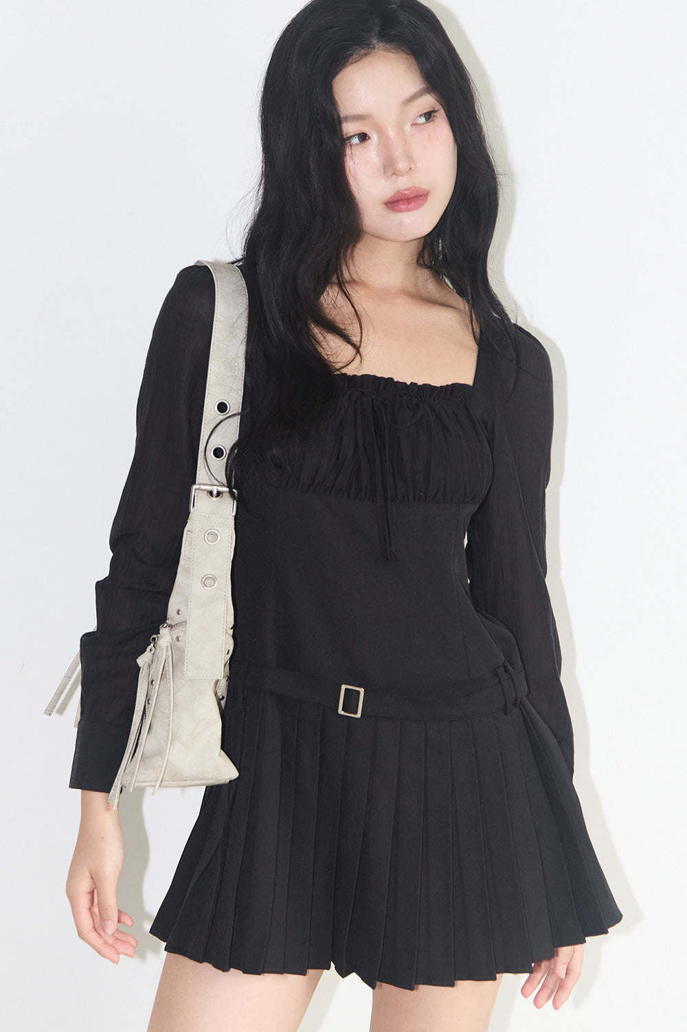 Preppy Ribbon Pleats Dress Black