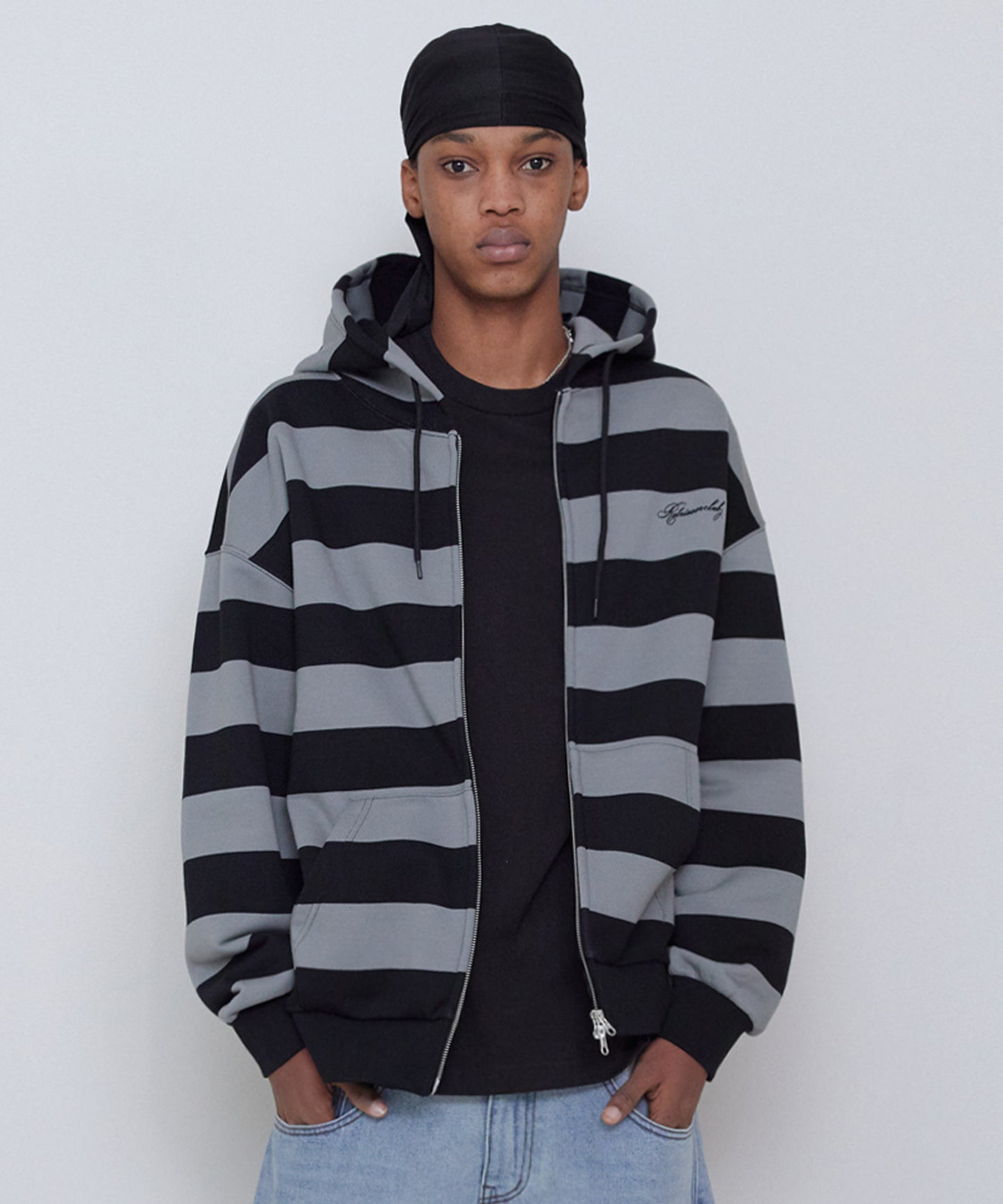 BOLD STRIPE HOOD ZIP UP [GRAY]