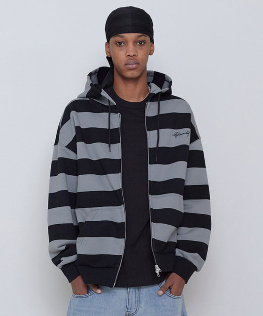 BOLD STRIPE HOOD ZIP UP [GRAY]