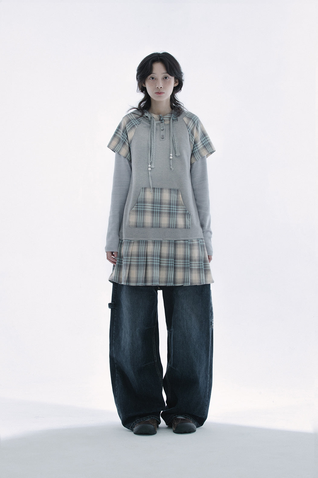 Check pleats hooded dress (Mint gray)