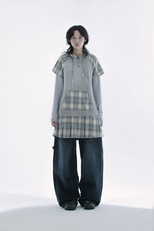 Check pleats hooded dress (Mint gray)