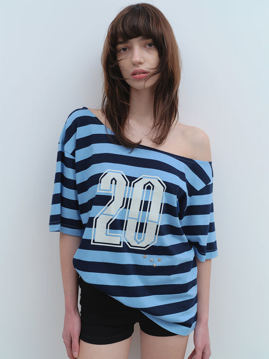 Off-Shoulder Stripe T-Shirts [Blue]