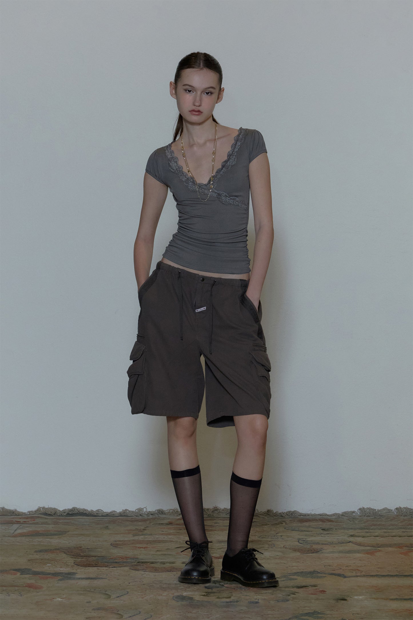 lace Trim Wrap Tee Charcoal