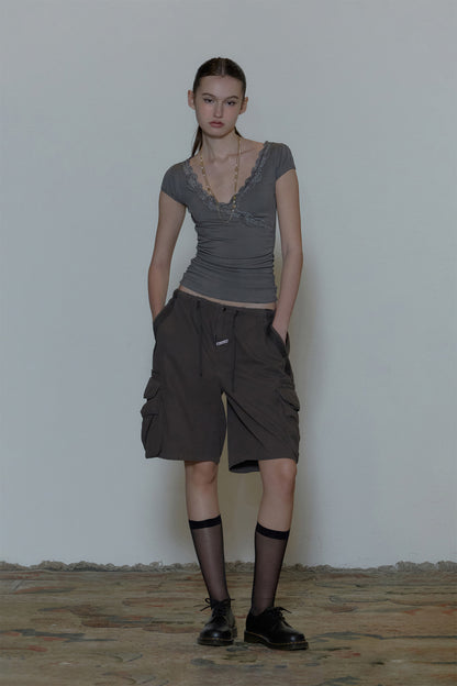 lace Trim Wrap Tee Charcoal