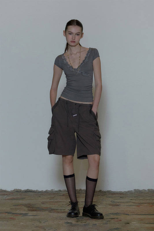 lace Trim Wrap Tee Charcoal