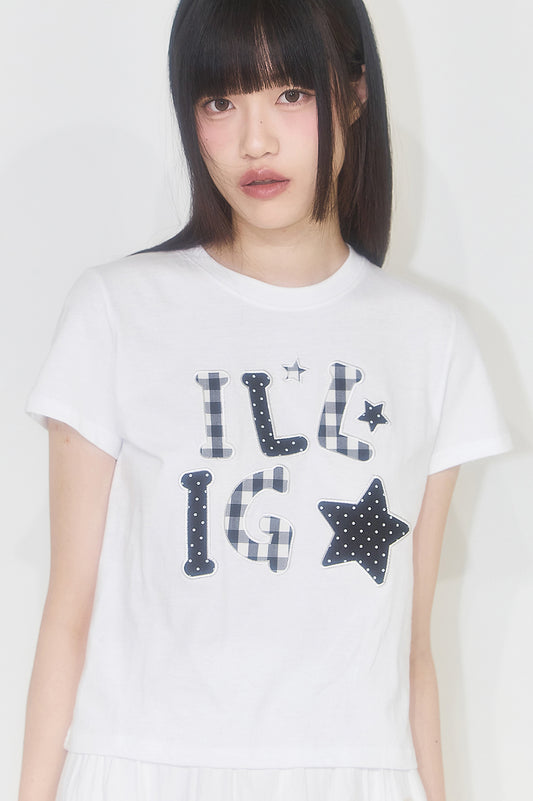 Checkered Applique Loose Cropped T-shirt White
