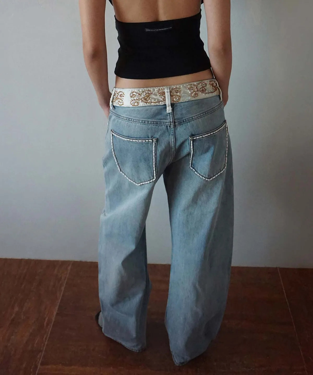 Beaded Waist Denim Pants / Mid Blue